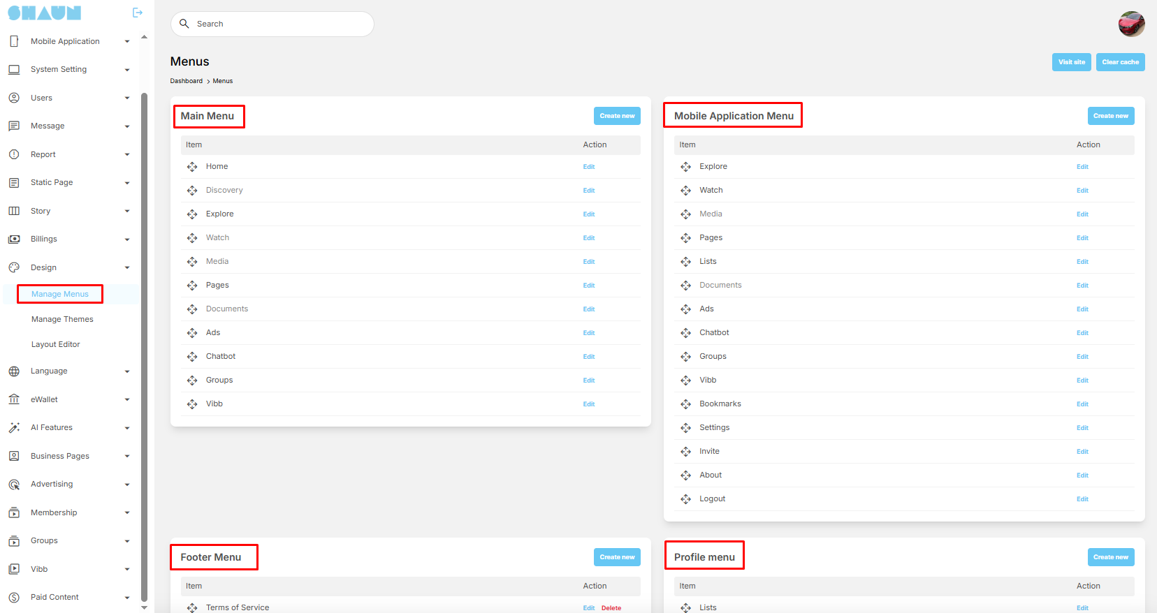 Manage Menus - ShaunSocial