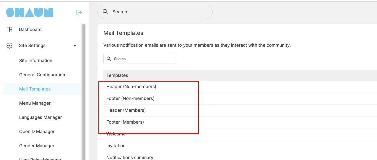 Mail Template settings - ShaunSocial
