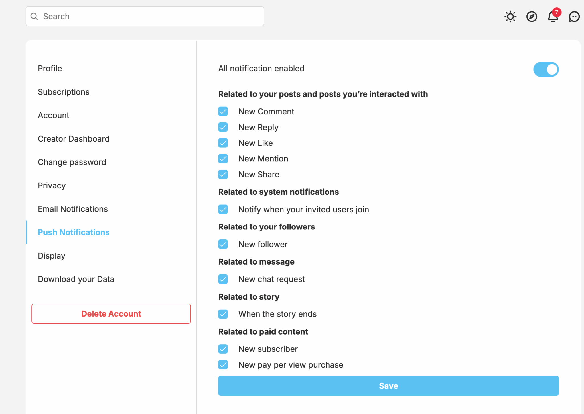 Push notification setting for creators - ShaunSocial
